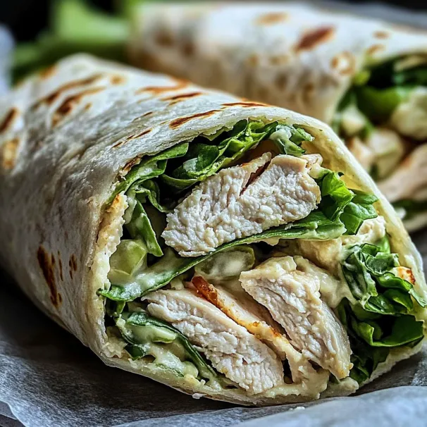 A chicken wrap with lettuce and cheese.