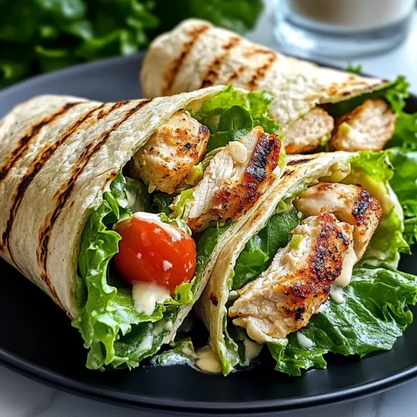 A chicken wrap with lettuce and tomato.