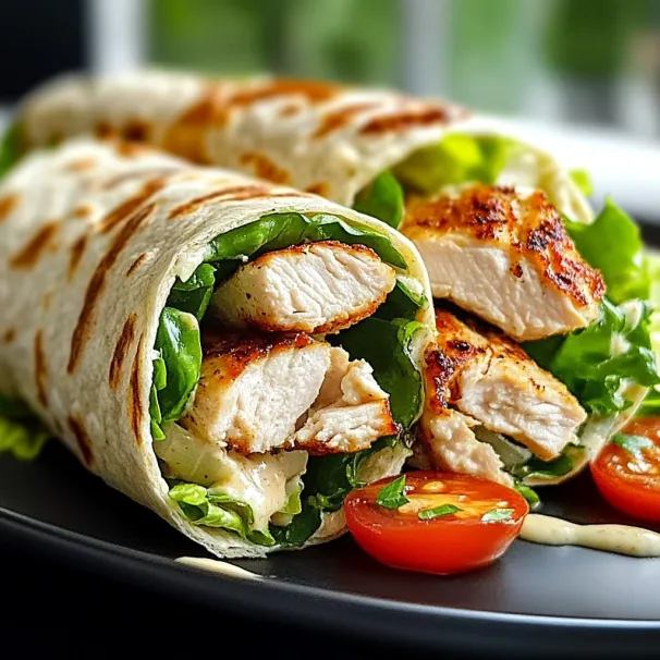 A chicken wrap with tomatoes and lettuce.