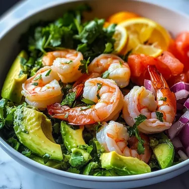 A bowl of shrimp salad with avocado and lemon.