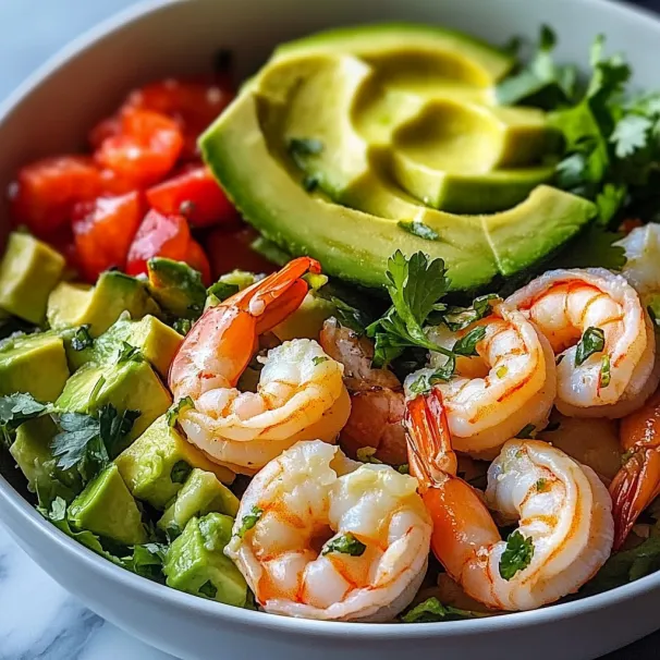A bowl of shrimp, avocado, tomato, and lime.
