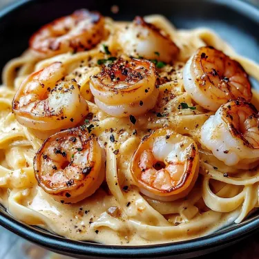 A bowl of shrimp and pasta.