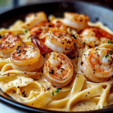 A bowl of shrimp and pasta.