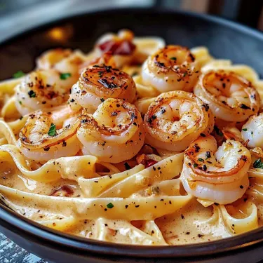 A bowl of shrimp and pasta.