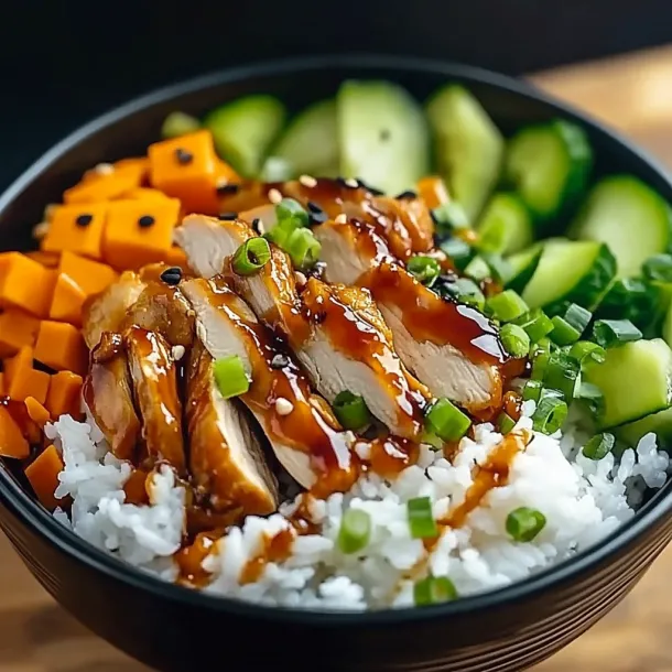 A bowl of food with rice, vegetables, and meat.