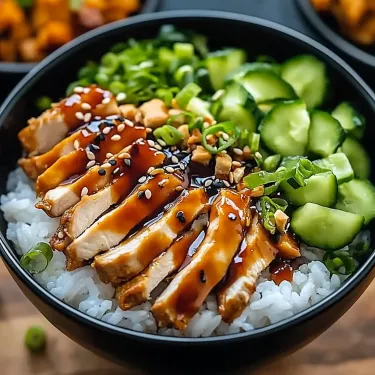 A bowl of food with rice, meat, and vegetables.
