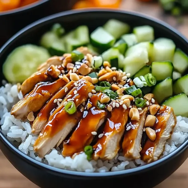 A bowl of food with rice, meat, and vegetables.