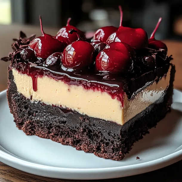 A slice of chocolate cake with cherries on top.