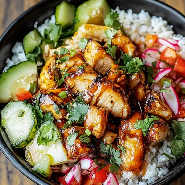 A bowl of food with rice, meat, and vegetables.