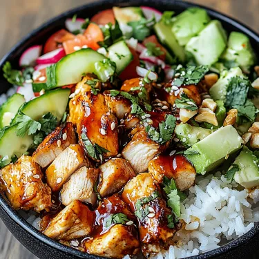 A bowl of food with rice and meat.