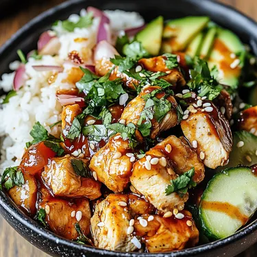 A bowl of food with rice, meat, and vegetables.