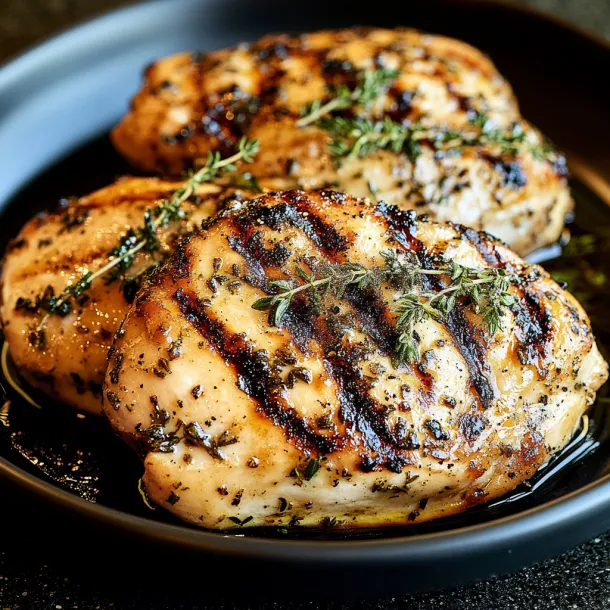Two pieces of chicken with herbs on top.