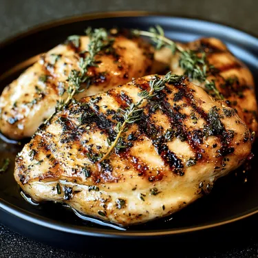 A plate of chicken with herbs on it.