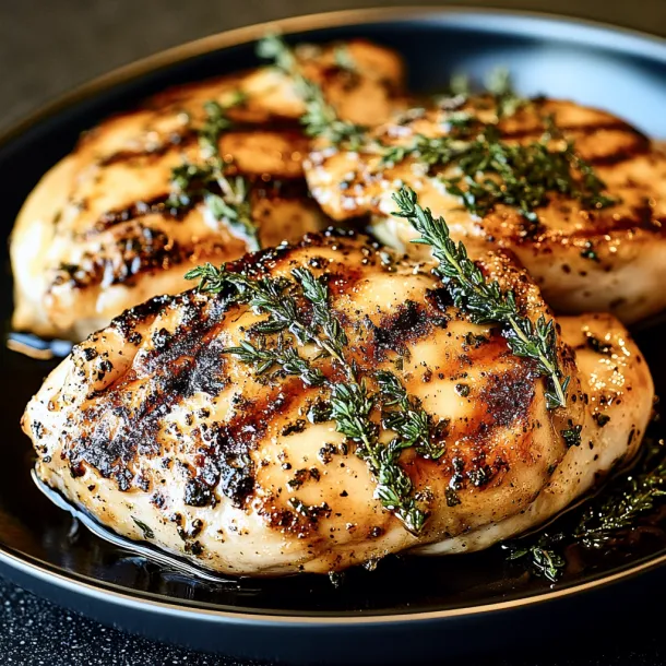 Chicken with herbs on a plate.