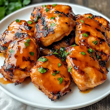 A plate of grilled chicken with sauce.