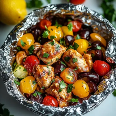 A bowl of food with tomatoes, lemon, and chicken.