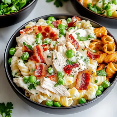 A bowl of pasta with chicken, peas, and bacon.