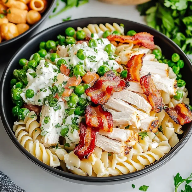 A bowl of pasta with chicken and peas.