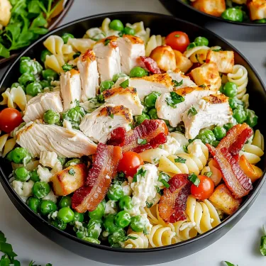 A bowl of food with chicken, pasta, and peas.