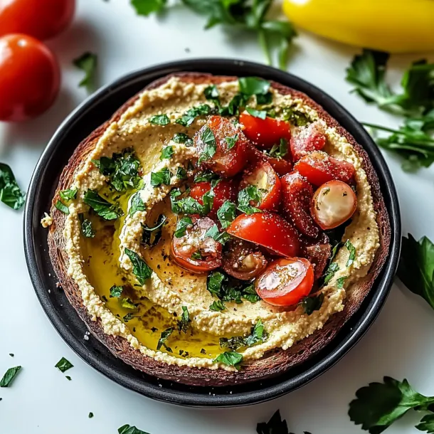 A bowl of hummus with tomatoes and herbs.