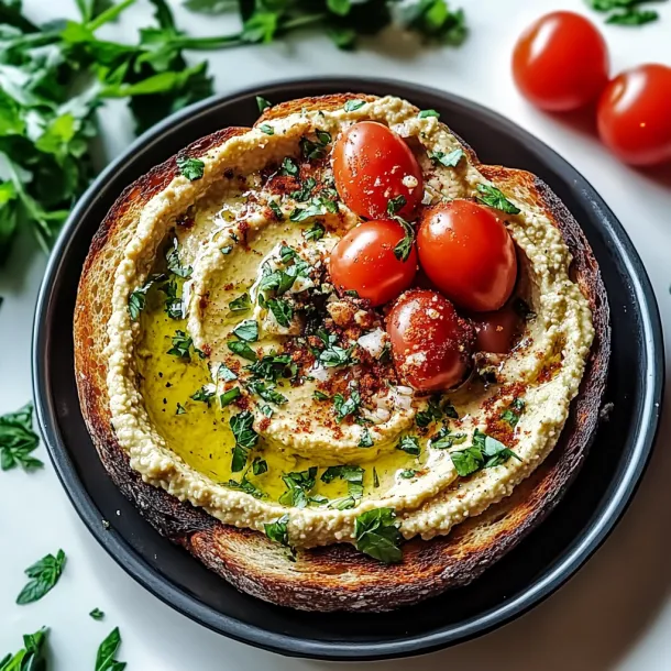 A bowl of food with tomatoes and bread.