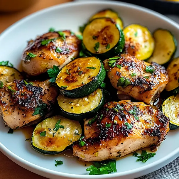 A plate of chicken and zucchini.