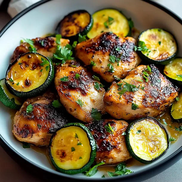 A plate of food with chicken and zucchini.