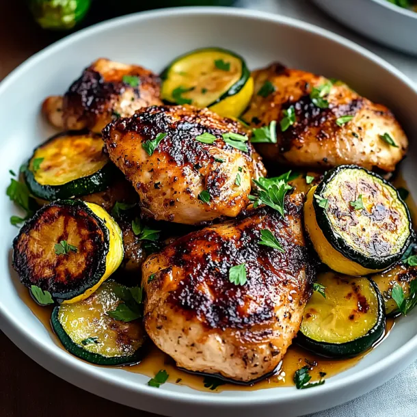 A plate of chicken with zucchini and herbs.