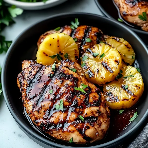 A bowl of chicken with pineapple slices.
