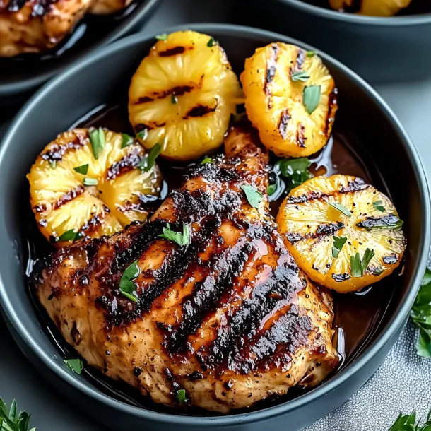 A bowl of food with chicken, pineapple, and other vegetables.