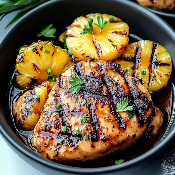 A bowl of food with pineapple and chicken.