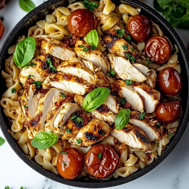A bowl of pasta with chicken and tomatoes.
