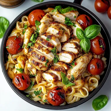 A bowl of pasta with chicken, tomatoes, and spinach.