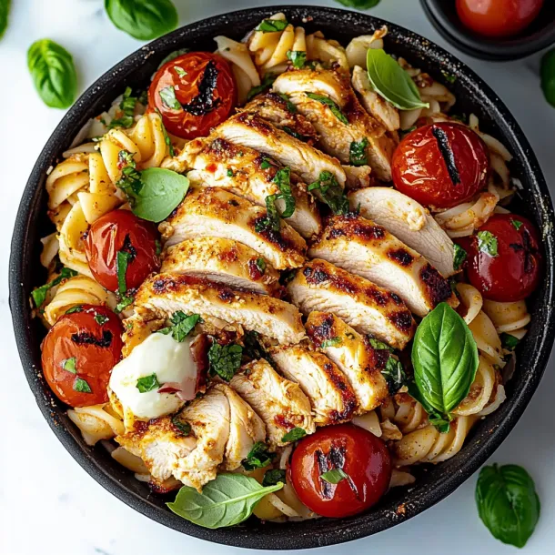 A bowl of pasta with chicken and tomatoes.