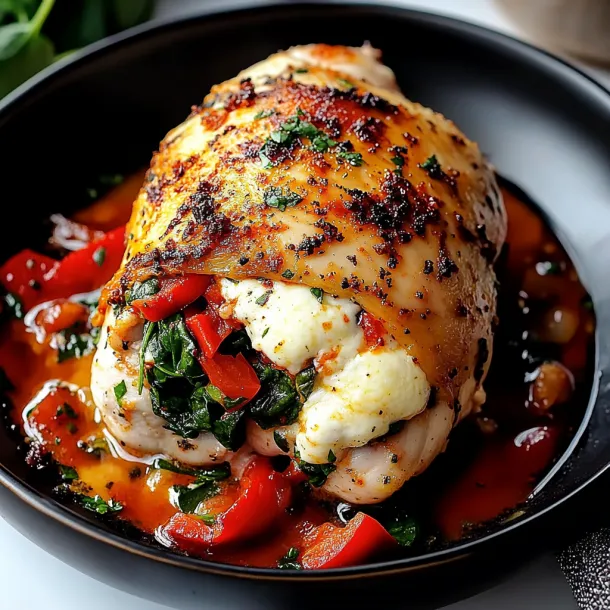 A chicken dish with red peppers and cheese.