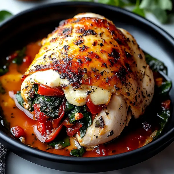 A chicken dish with greens and cheese.