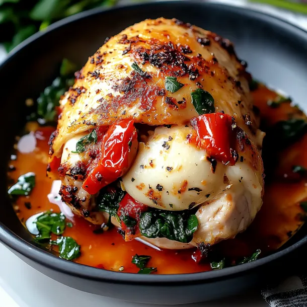 A chicken with red peppers and greens.