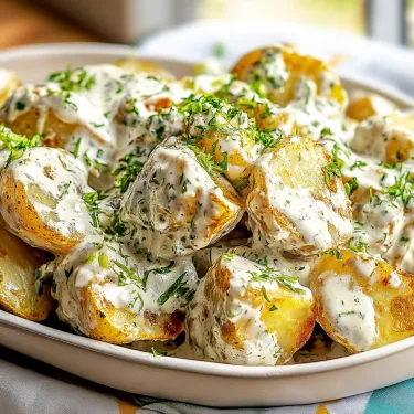 A plate of potatoes with a white sauce.