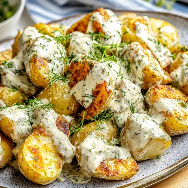 A plate of potatoes with sauce on it.