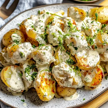 A plate of food with potatoes and sauce.
