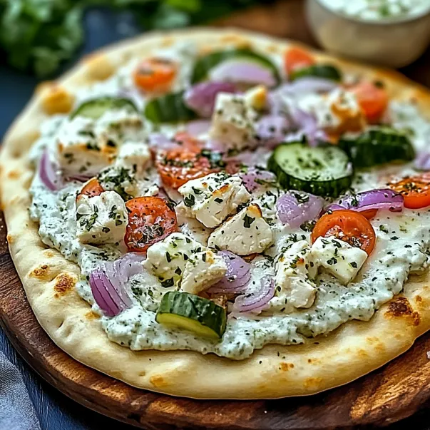 A pizza with vegetables on it.