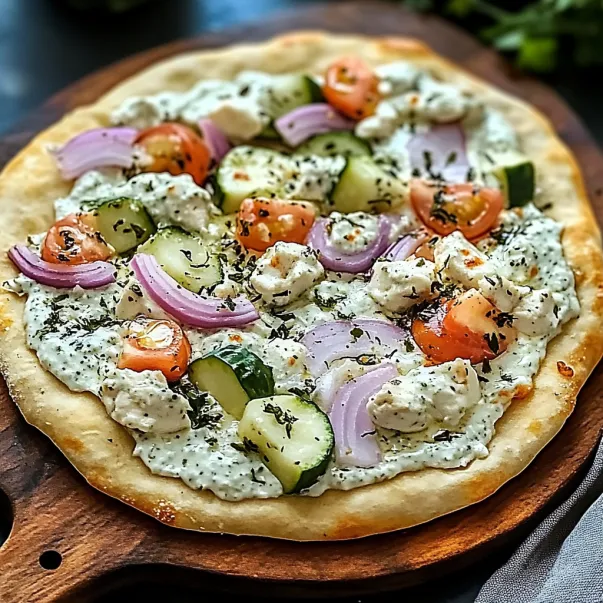 A pizza with vegetables on a wooden board.