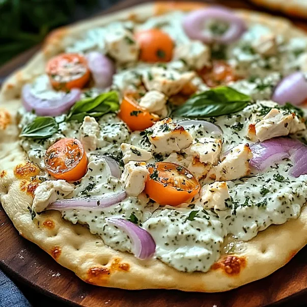 A pizza with chicken, tomatoes, and spinach.