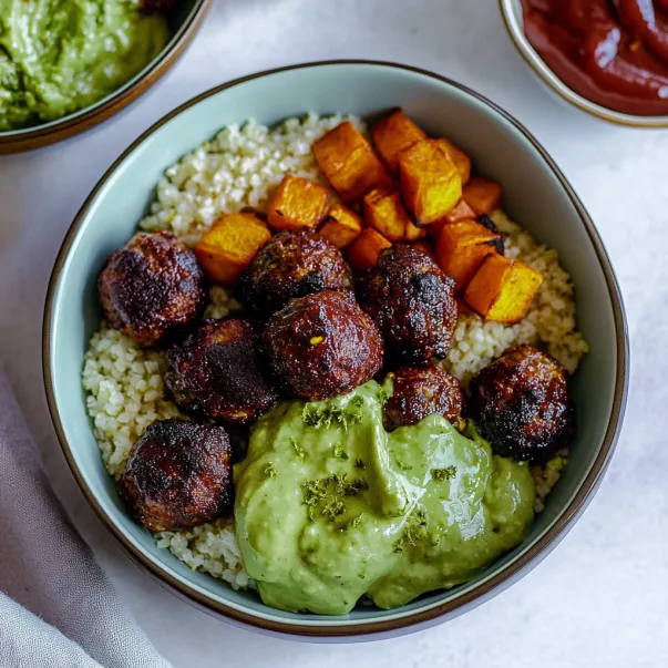 A bowl of food with rice and meatballs.