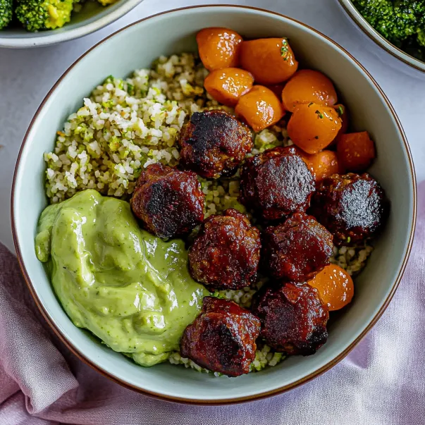 A bowl of meatballs and vegetables.