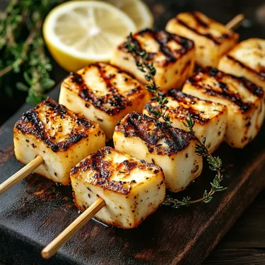A wooden cutting board with grilled food on it.