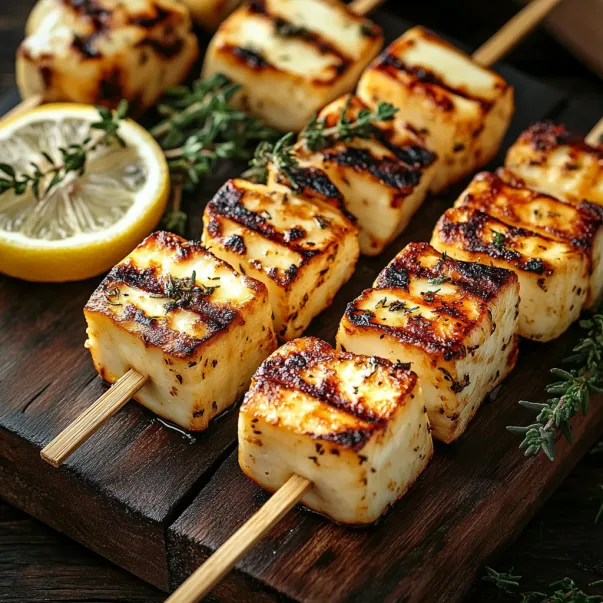 A wooden board with grilled food on it.
