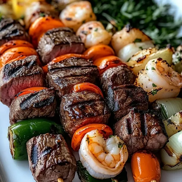 A plate of shrimp, steak, and vegetables.