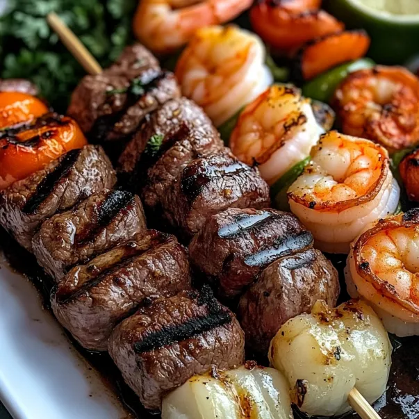 A plate of food with shrimp, steak, and vegetables.