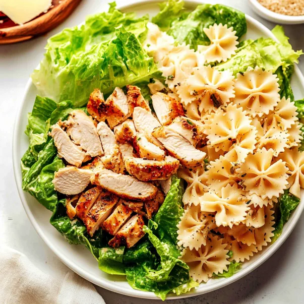 A plate of food with chicken, pasta, and lettuce.